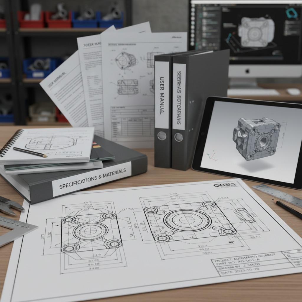Biurko inżyniera z dokumentacją techniczną, segregatorami oraz tabletem wyświetlającym model 3D części mechanicznej.