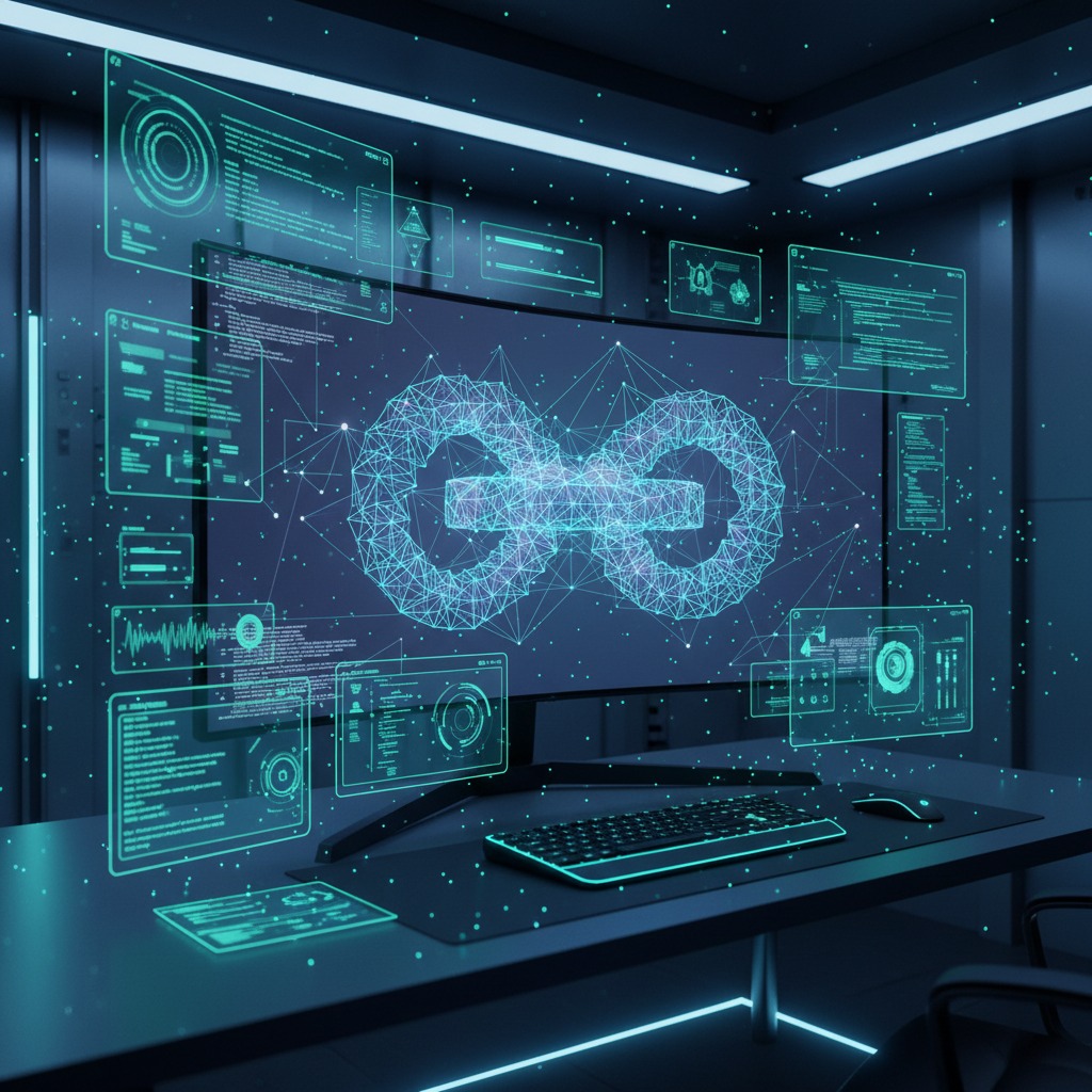 Monitor wyświetlający cyfrowy symbol nieskończoności otoczony futurystycznymi interfejsami danych w ciemnym biurze.